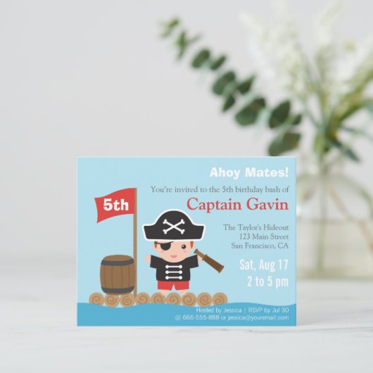 Cute Boy Pirate Birthday Party Kaart (Staand voorkant)