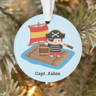 Cute Boy Pirate Captain Wood Raft Kinder Name Ornament
