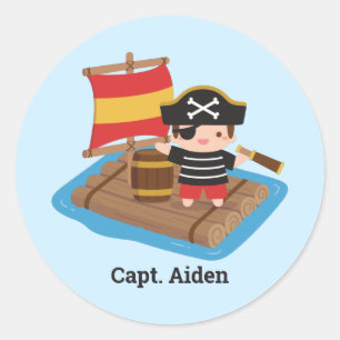 Cute Boy Pirate on Raft Kinder Personalized Ronde Sticker