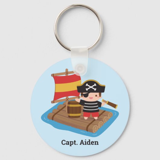 Cute Boy Pirate op Wooden Raft Kinder Sleutelhanger (Voorkant)