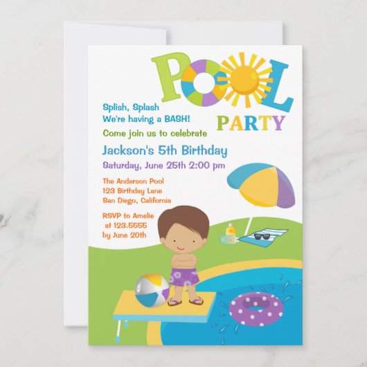 Cute Boy Pool Party Birthday Invitation Kaart (Voorkant)