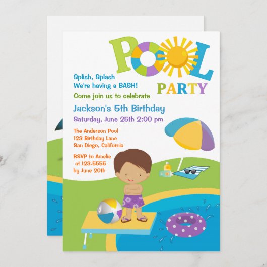 Cute Boy Pool Party Birthday Invitation Kaart (Voorkant / Achterkant)