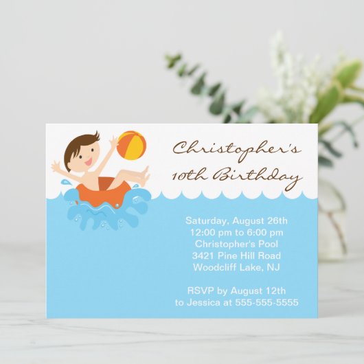 CUTE Boy Pool Party Birthday Uitnodiging (Staand voorkant)