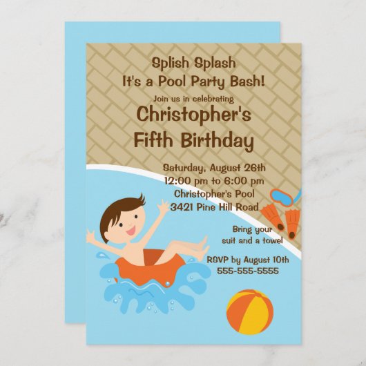 CUTE Boy Pool Party Birthday Uitnodiging (Voorkant / Achterkant)