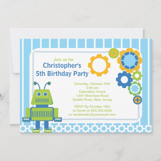 Cute Boy Robot Birthday Party Invitation Kaart (Voorkant)
