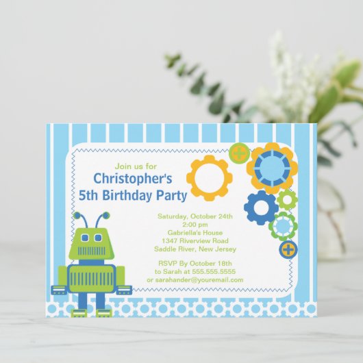 Cute Boy Robot Birthday Party Invitation Kaart (Staand voorkant)