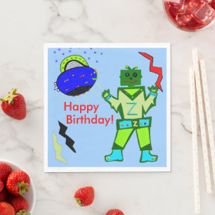 Cute Boy Robot Blue Spaceship Birthday Servetten