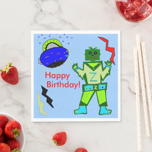 Cute Boy Robot Blue Spaceship Birthday Servetten (Insitu)
