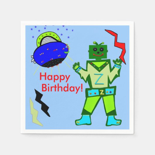 Cute Boy Robot Blue Spaceship Birthday Servetten (Voorkant)
