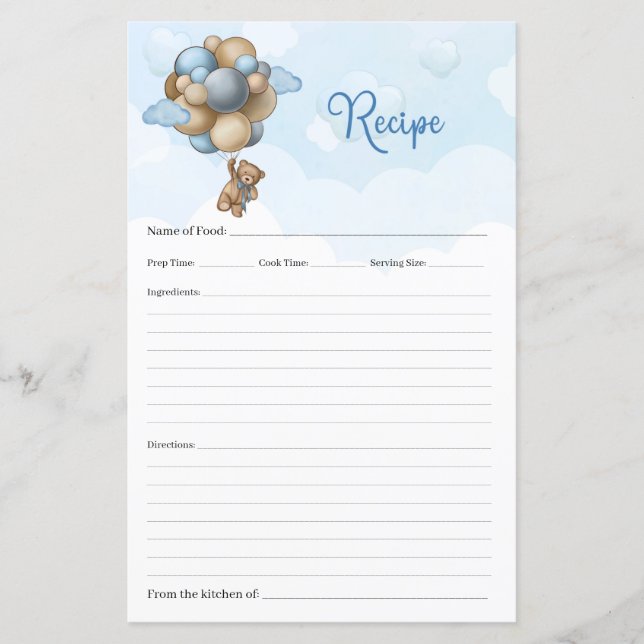Cute boy teddy heeft blauw-bruine ballonrecept (Voorkant)