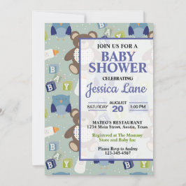 Cute Boy Teddybeer Babyshower Uitnodiging