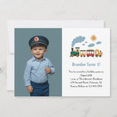 Cute Boy Train Photo Kids 1st Birthday Party Kaart (Voorkant)
