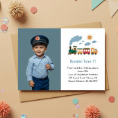 Cute Boy Train Photo Kids 1st Birthday Party Kaart