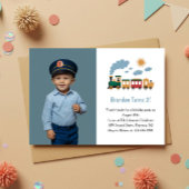 Cute Boy Train Photo Kids 2nd Birthday Party Kaart
