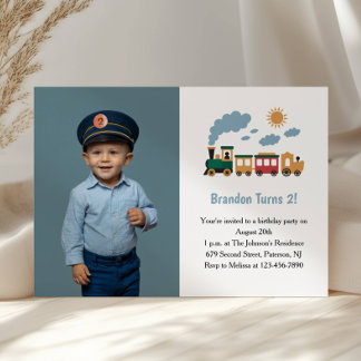 Cute Boy Train Photo Kids 2nd Birthday Party Kaart