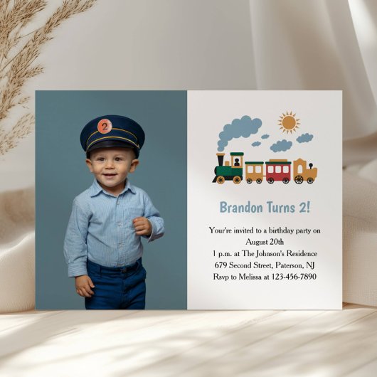 Cute Boy Train Photo Kids 2nd Birthday Party Kaart