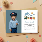 Cute Boy Train Photo Kids 3rd Birthday Party Kaart