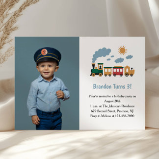 Cute Boy Train Photo Kids 3rd Birthday Party Kaart