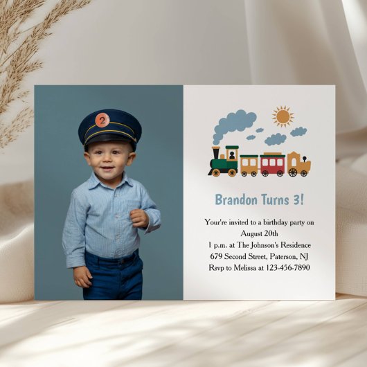 Cute Boy Train Photo Kids 3rd Birthday Party Kaart