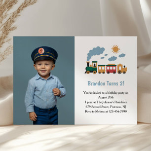 Cute Boy Trein Foto Kinderen Verjaardagsfeestje Kaart