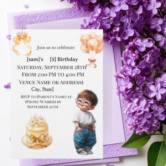 Cute Boy with Glasses 5th Birthday Party Invitatio Kaart