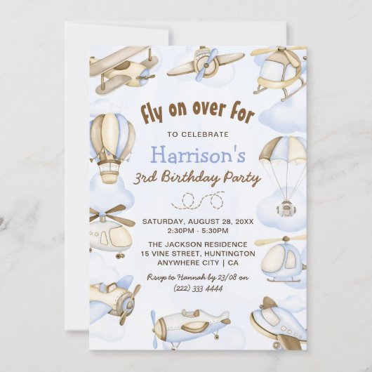 Cute Boy's Airplane Theme 3rd Birthday Party Kaart (Voorkant)