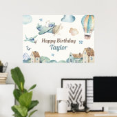 Cute Boy's Airplane Theme Happy Birthday Banner Poster (Thuiskantoor)