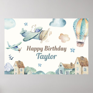 Cute Boy's Airplane Theme Happy Birthday Banner Poster