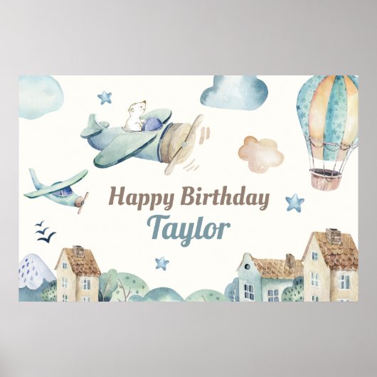 Cute Boy's Airplane Theme Happy Birthday Banner Poster (Voorkant)