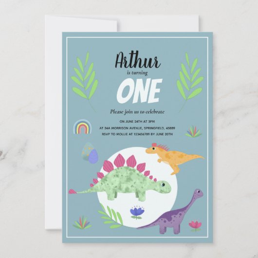 Cute Boys Blue T-Rex Dinosaur Oerwoud 1st verjaard Kaart (Voorkant)