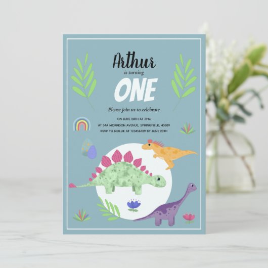 Cute Boys Blue T-Rex Dinosaur Oerwoud 1st verjaard Kaart (Staand voorkant)