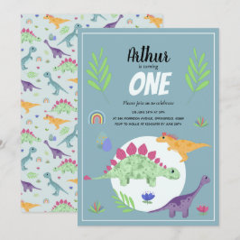 Cute Boys Blue T-Rex Dinosaur Oerwoud 1st verjaard Kaart