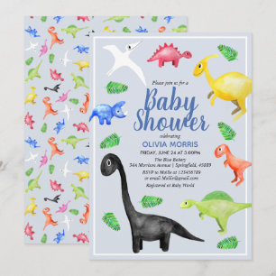 Cute Boys Blue Waterverf Dinosaur Baby shower Kaart