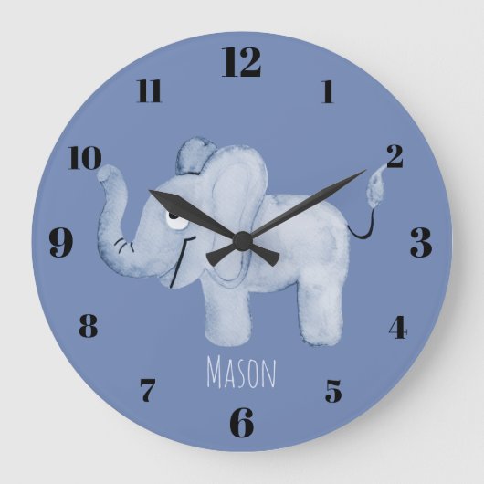 Cute Boy's Blue Waterverf Elephant Safari Nursery Grote Klok (Voorkant)