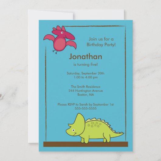 Cute Boys Dinosaur Birthday Party Invitation Kaart (Voorkant)
