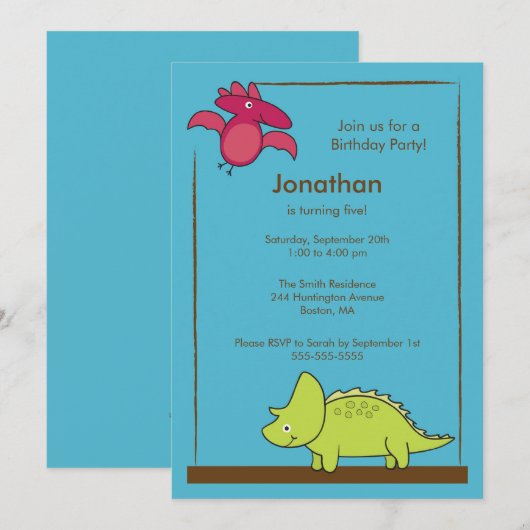 Cute Boys Dinosaur Birthday Party Invitation Kaart (Voorkant / Achterkant)