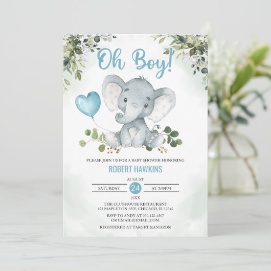 Cute Boy's Elephant Waterverf Baby shower Invita Kaart (Staand voorkant)