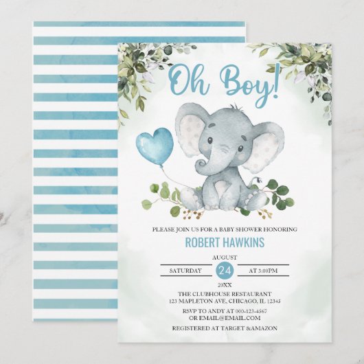 Cute Boy's Elephant Waterverf Baby shower Invita Kaart (Voorkant / Achterkant)