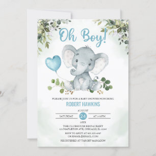 Cute Boy's Elephant Waterverf Baby shower Invita Kaart