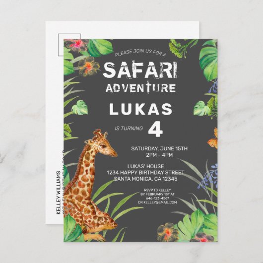 Cute Boys Oerwoud Safari Giraffe Birthday Uitnodiging Briefkaart (Voorkant / Achterkant)