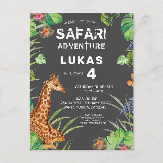 Cute Boys Oerwoud Safari Giraffe Birthday Uitnodiging Briefkaart (Voorkant)