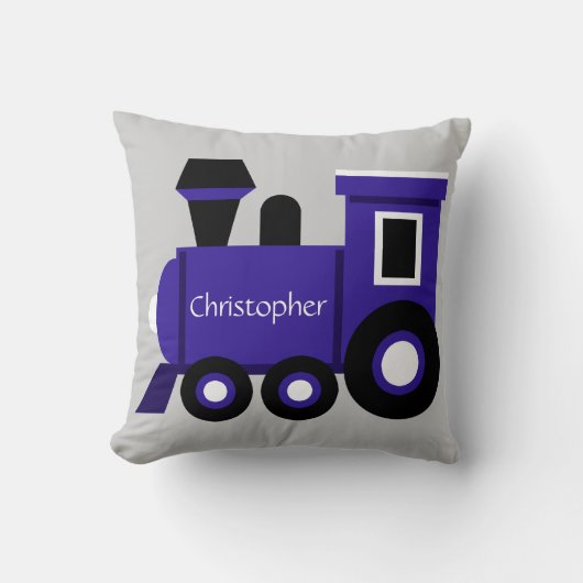 Cute Boy's Pillow, Blue Train w/ Name Kussen (Voorkant)
