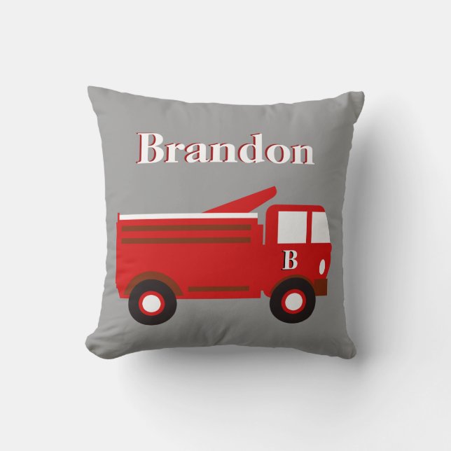 Cute Boy's Pillow, Red Firetruck op Grey, voeg naa Kussen (Voorkant)