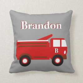 Cute Boy's Pillow, Red Firetruck op Grey, voeg naa Kussen