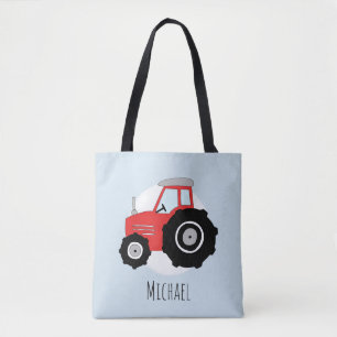 Cute Boy's Red Farmer's Tractor met naam Tote Bag