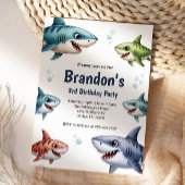 Cute Boys Watercolor Shark 3rd Birthday Party Kaart