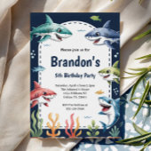 Cute Boys Watercolor Shark Birthday Party Kaart