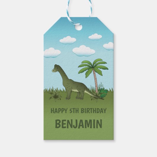 Cute Brachiosaurus Dinosaur Happy Birthday Name Cadeaulabel (Voorkant)