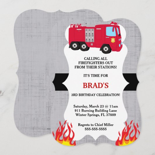 Cute brandweerauto brandweerman verjaardagsuitnodi kaart (Voorkant / Achterkant)