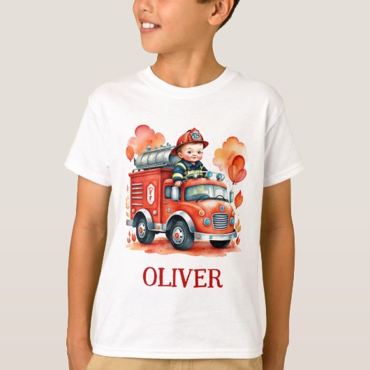 Cute brandweerauto en brandweerman t-shirt (Voorkant)